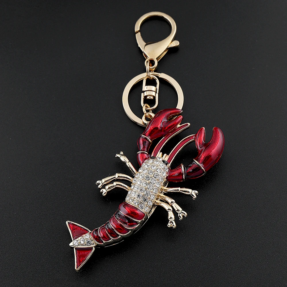 

Cute Crayfish Keychain Funny Sea Animal Shrimp Full Rhinestone Crystal Red Lobster Keyring Female Bag Hanging Jewelry Gift