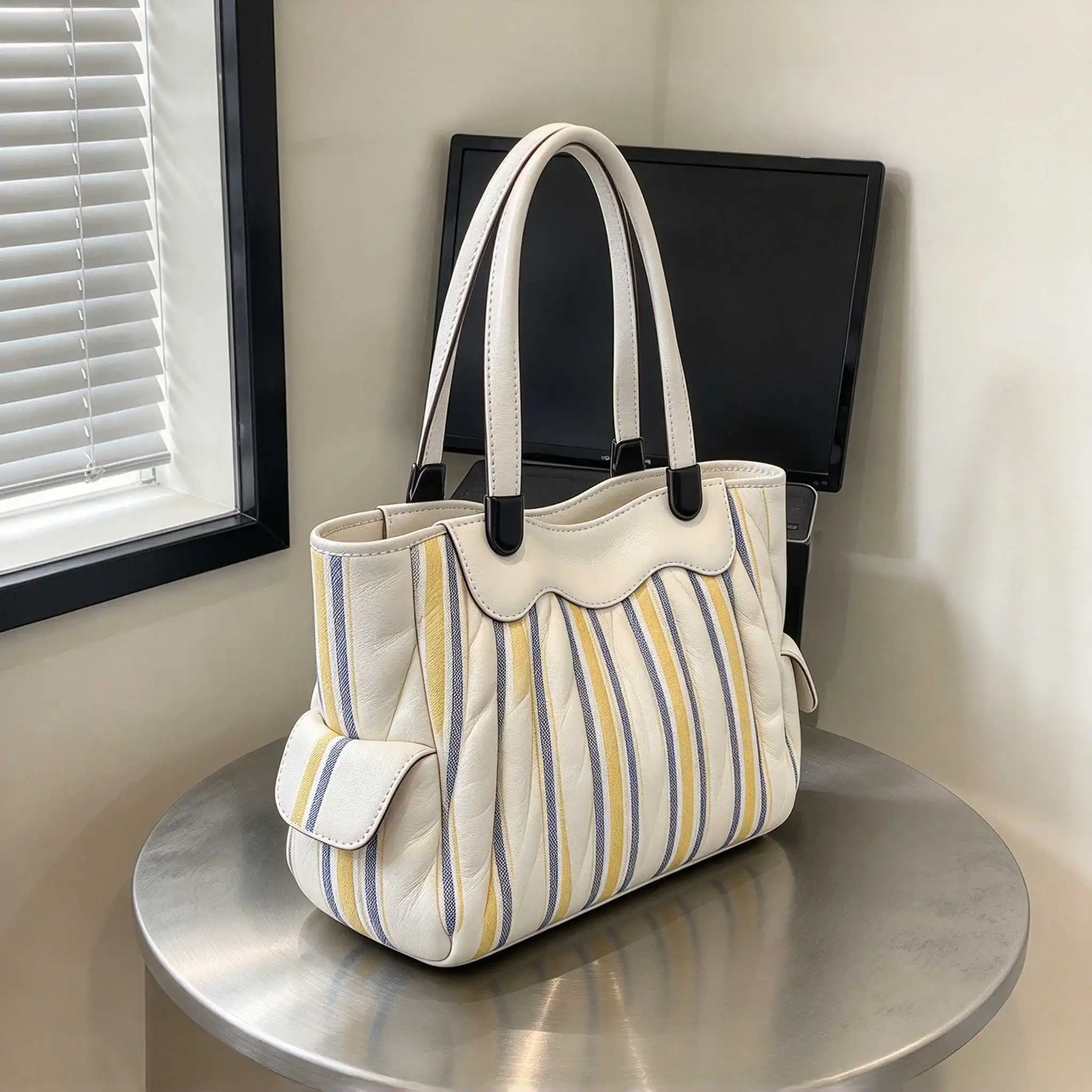 2026 Classic Luxury Womens White Yellow Blue Striped Handbags Modern Fashion Style Elegant  Work Commuting Shoulder Bag