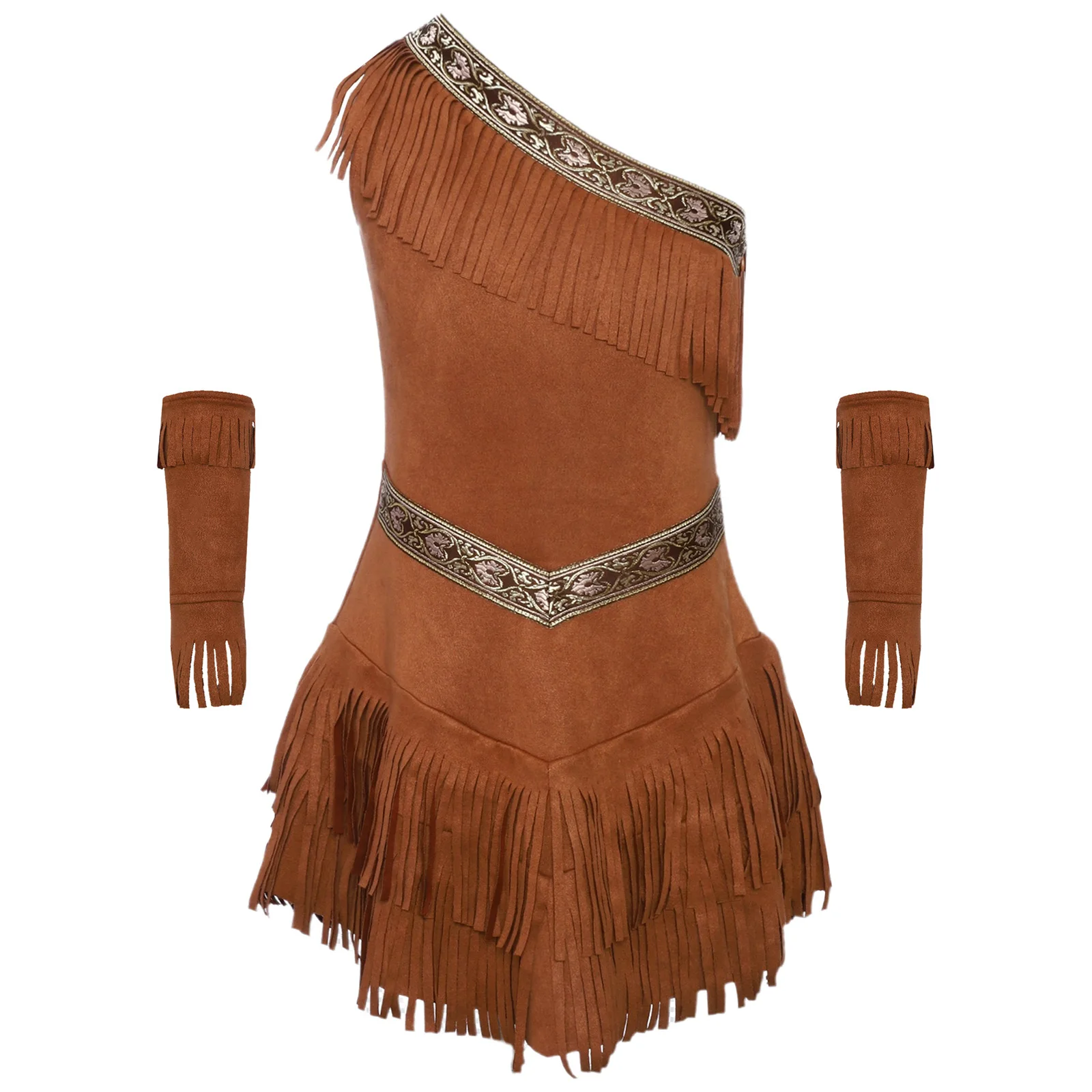 Teen Girls Indian Indigenous Costumes Halloween Native American Hunter Cosplay Party Dress Up Fringe Suede Dress with Sleeves