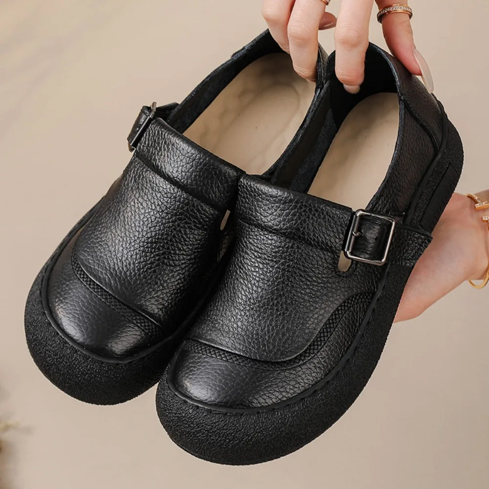 Casual Single Shoes for Women Spring Autumn New Retro Style Cowhide Thick Sole Pumps Womens with Round Toe Soft Sole Mom's Shoes