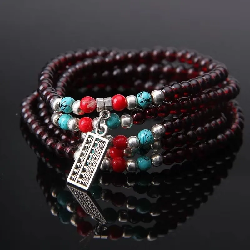 Ethnic-style women's imitation garnet bracelet, three-strand 6mm Pixiu bracelet, street market supply, small gift wholesale