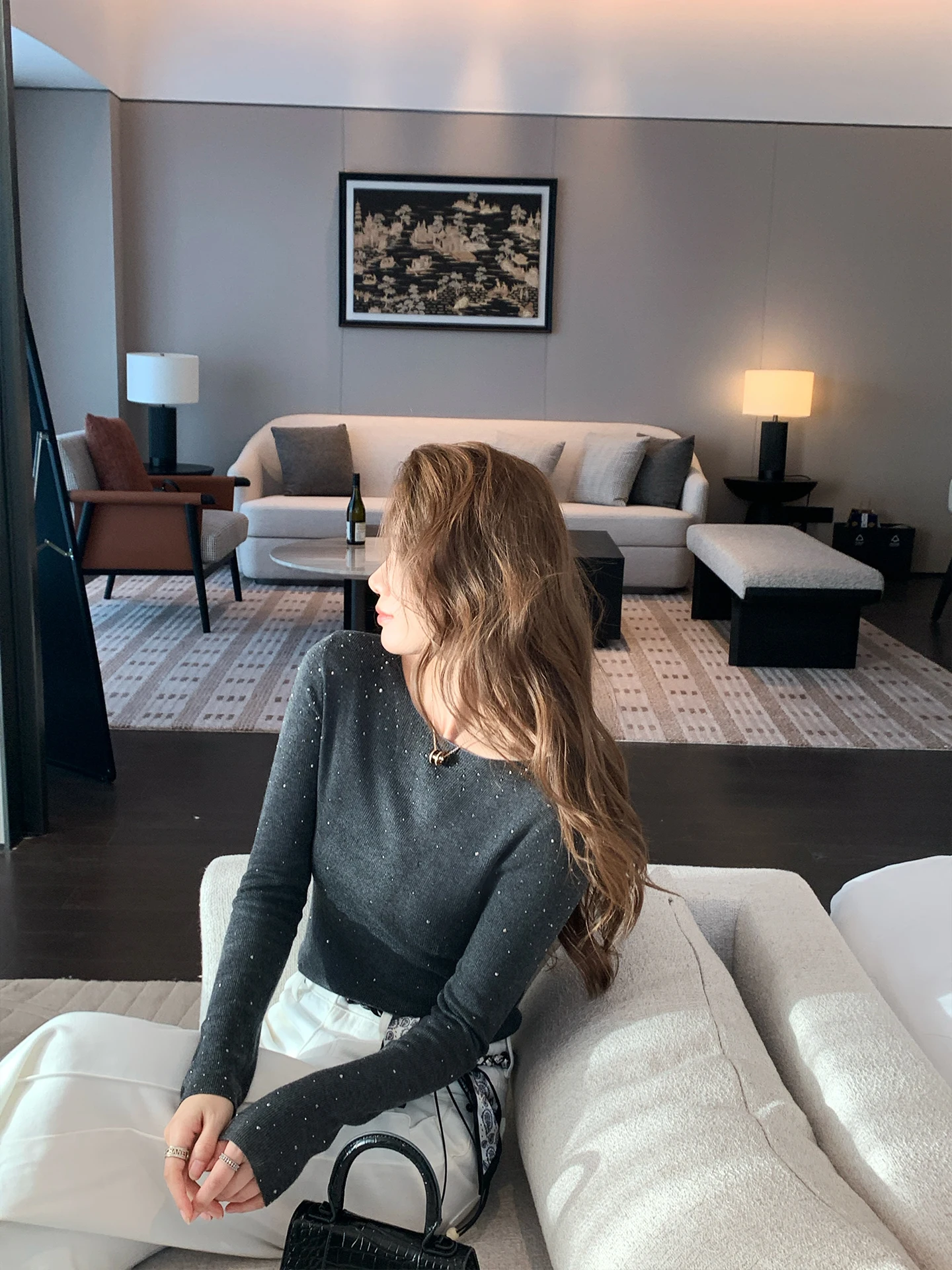 

Benxe Pure Desire Aosphere Woolen Knitted Base irt One oulder Sparkling Rhinestone Casual Soft een Fiber Women's Top