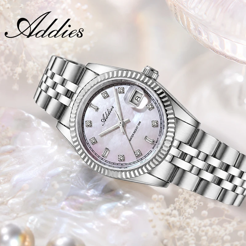 ADDIES Stainless Steel Ladies Watch Top Brand Luxury Swiss 585 Quartz Sapphire Crystal Woman Watch 50m Waterproof Sport 28mm
