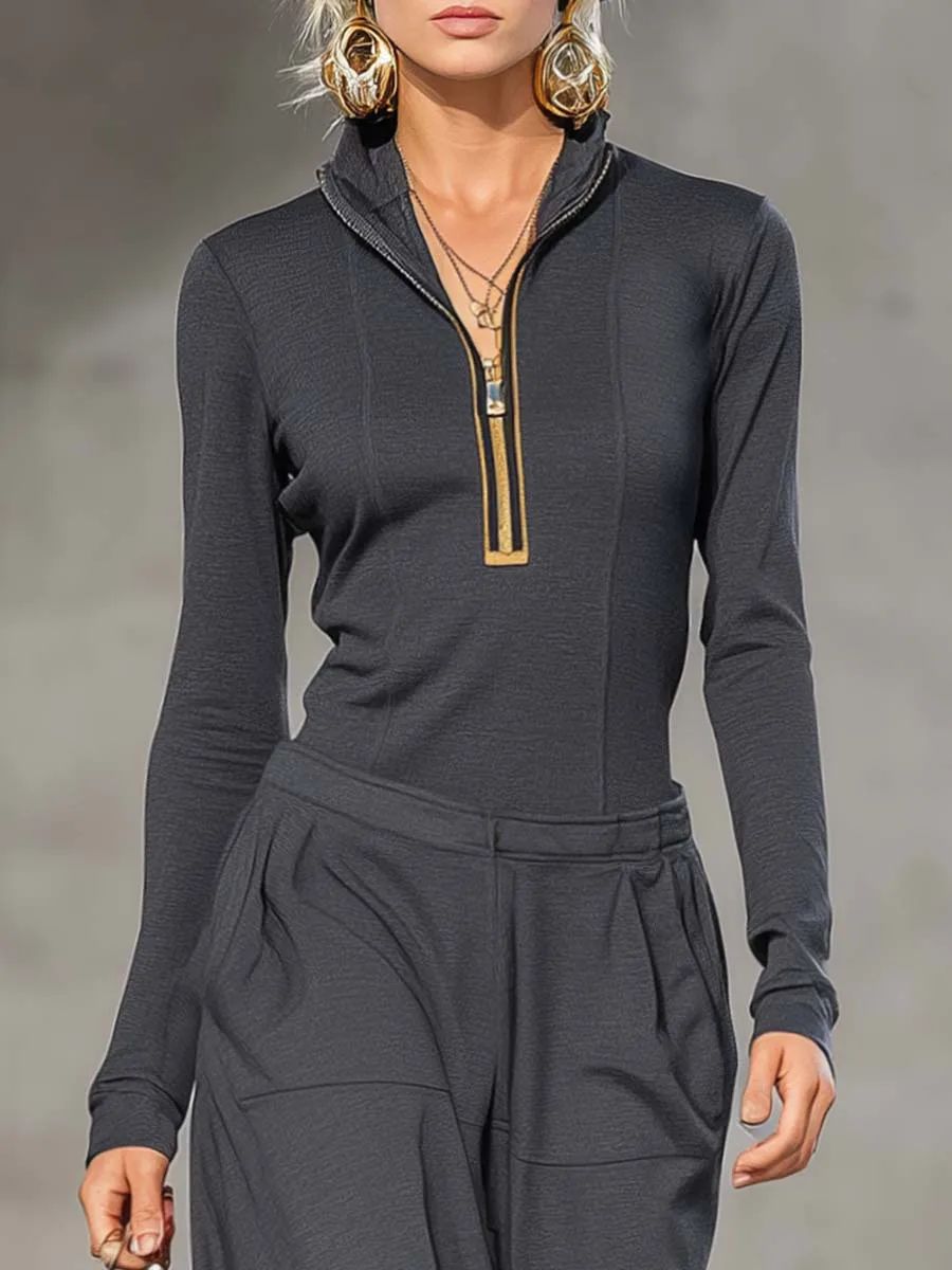 

Temperament Women's New Autumn Winter Trouser Suit Fashionable Long-sleeved Stand-upCollar Top Wide-leg Trousers 2-piece Set