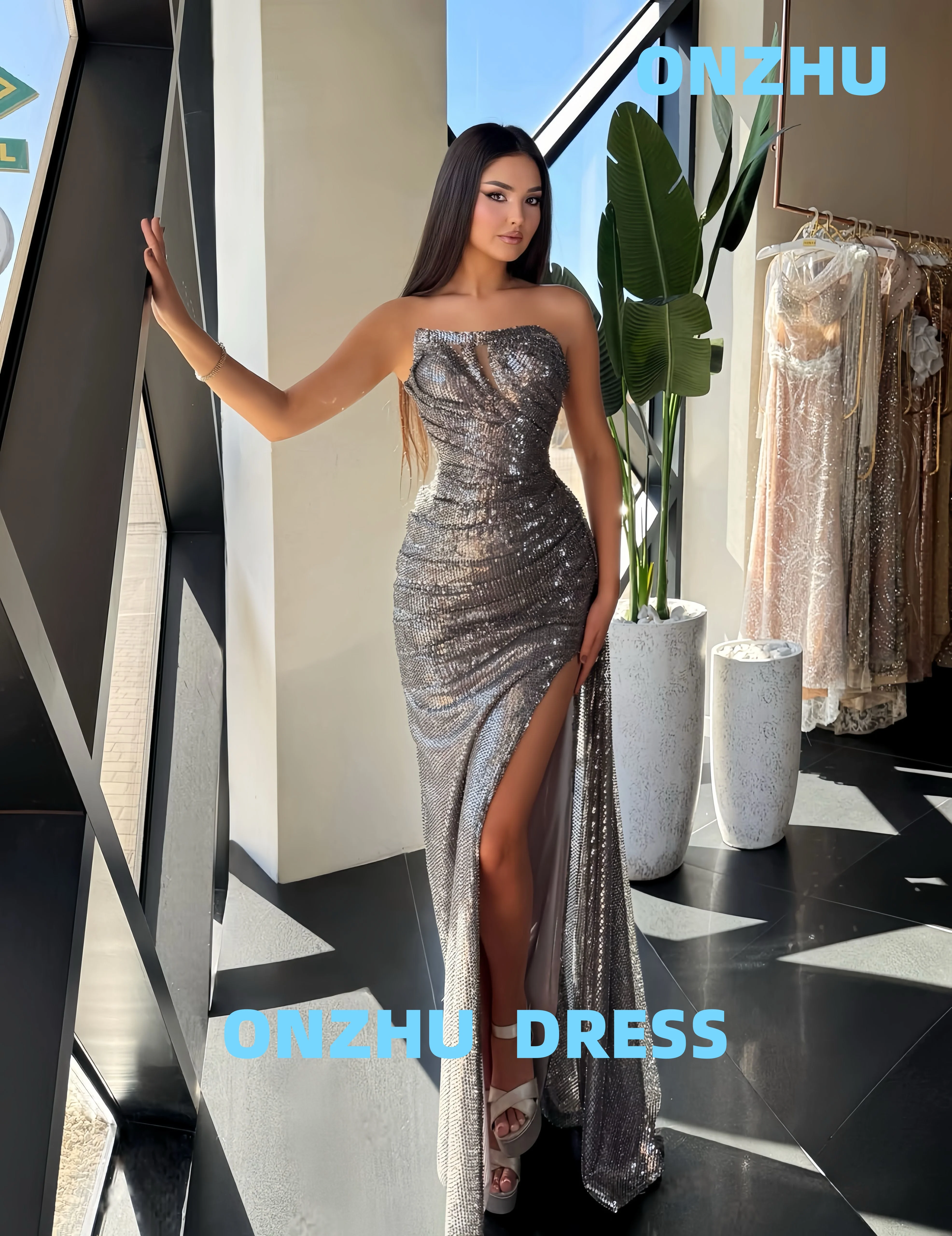 

Customized strapless sleeveless mermaid slit ladies luxury amanda 's novias luxurious evening dresses women evening dress