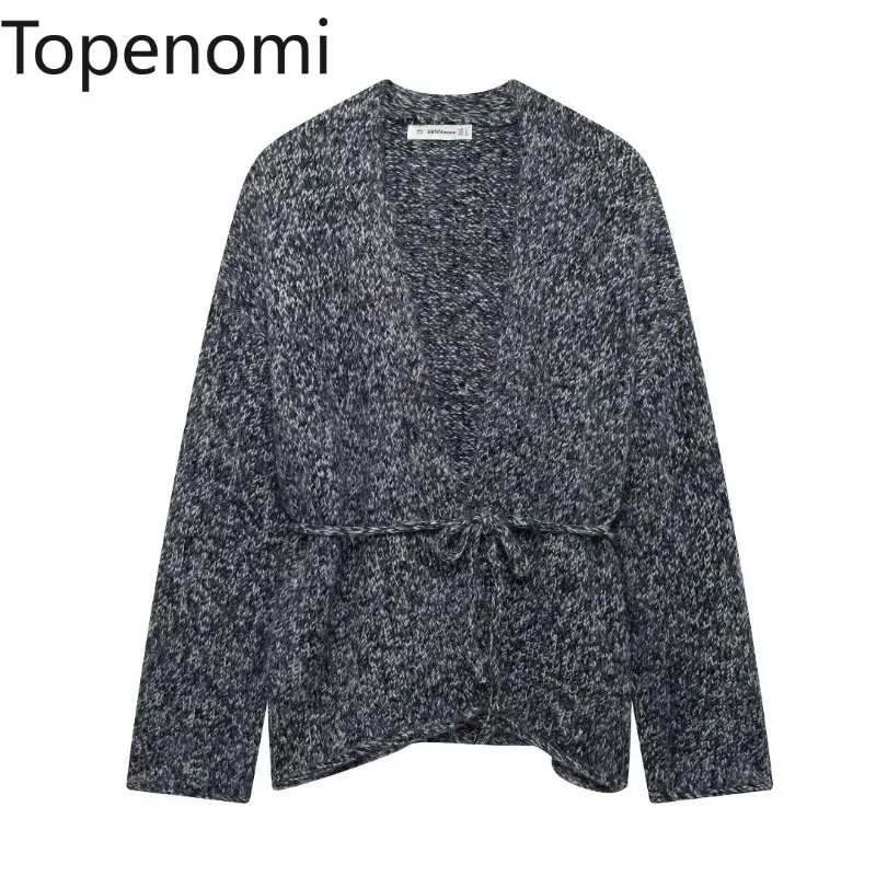 Topenomi Knitted Cardigan Women 2024 Autumn Winter Long Sleeve Loose Lace Up Waist Sweater Coat Vintage Lazy Casual Knitwear Top