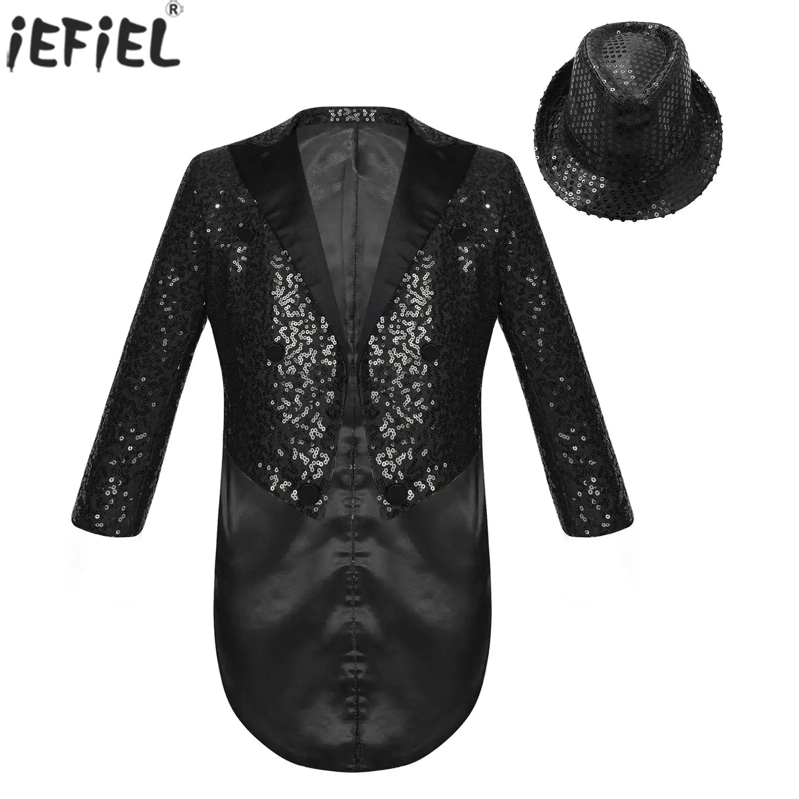 Kids Boys Circus Magic Shows Costume Sequins Blazer Tuxedo Coat Gentleman Suit with Hat for Wedding Carnival Party Jazz Dance