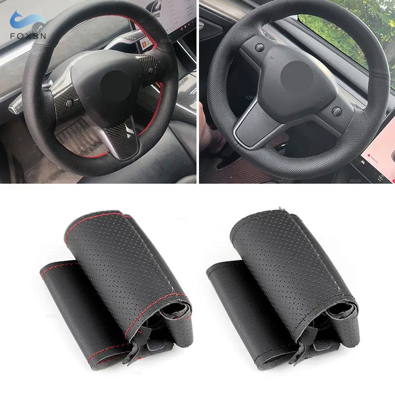 Soft Perforated Leather Cover For Tesla Model 3 2015-2021 Model Y 2019 2020 2021 Hand Sewing Car Inner Steering Wheel Cover Trim