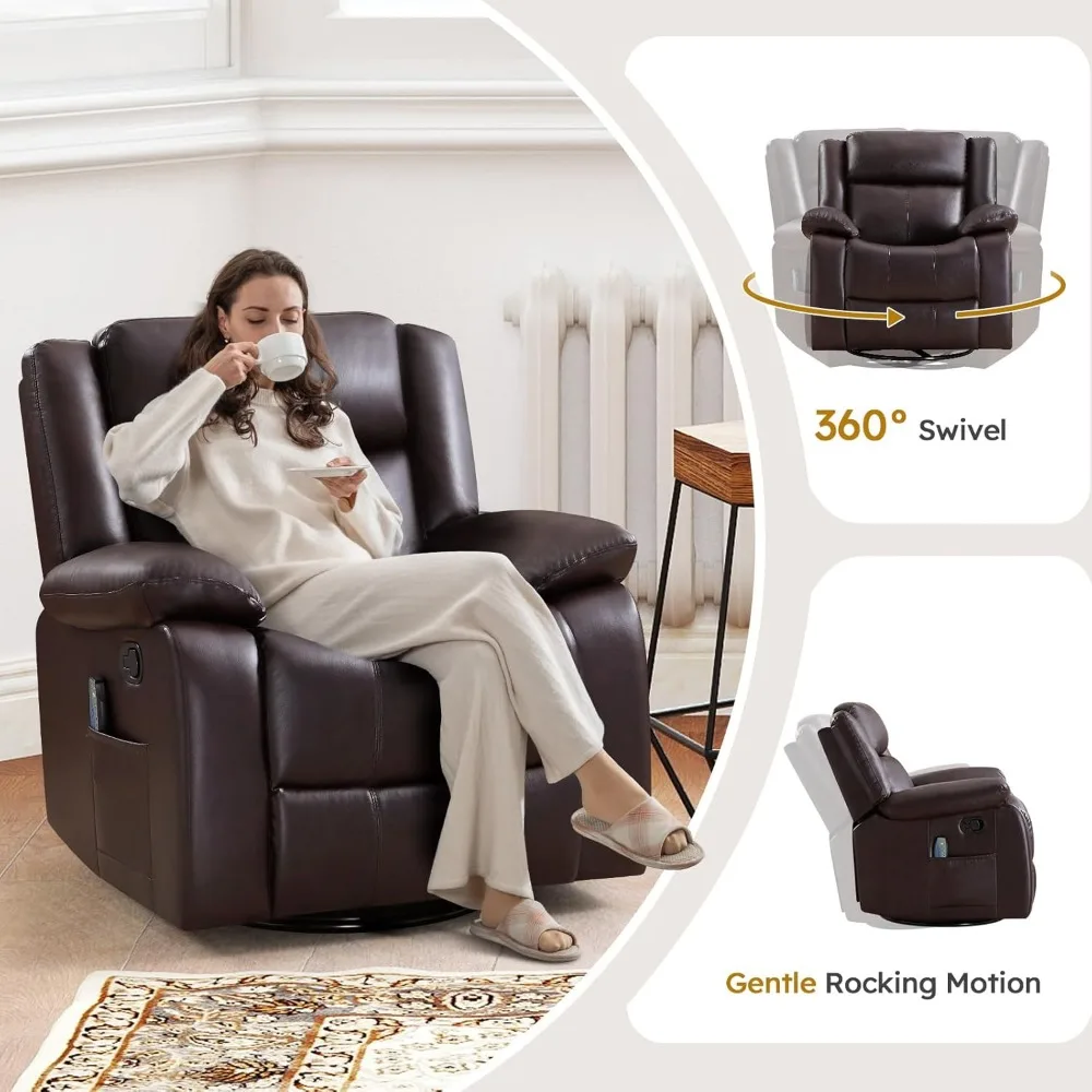 كرسي هزاز دوار مع تدليك وحرارة، جلد PU مبالغ فيه، كرسي مريح كبير
