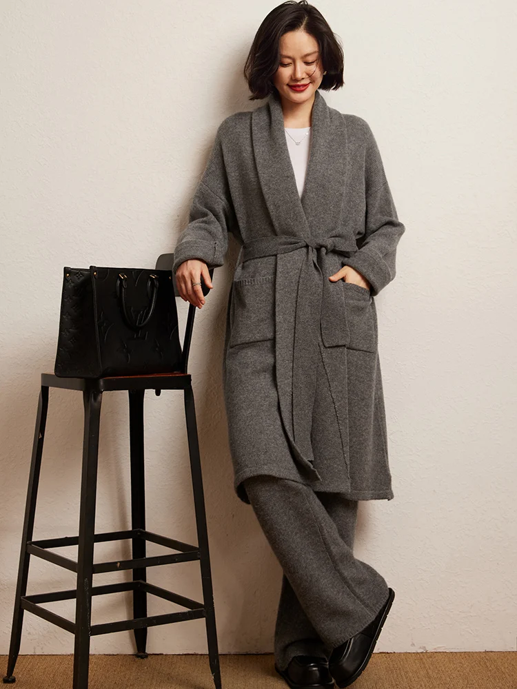 2024 New  Women Turn-down Collar Sweater Long Coat 100% Goat Cashmere Cardigan Autumn Winter Loose Cashmere Knit Clothing Tops