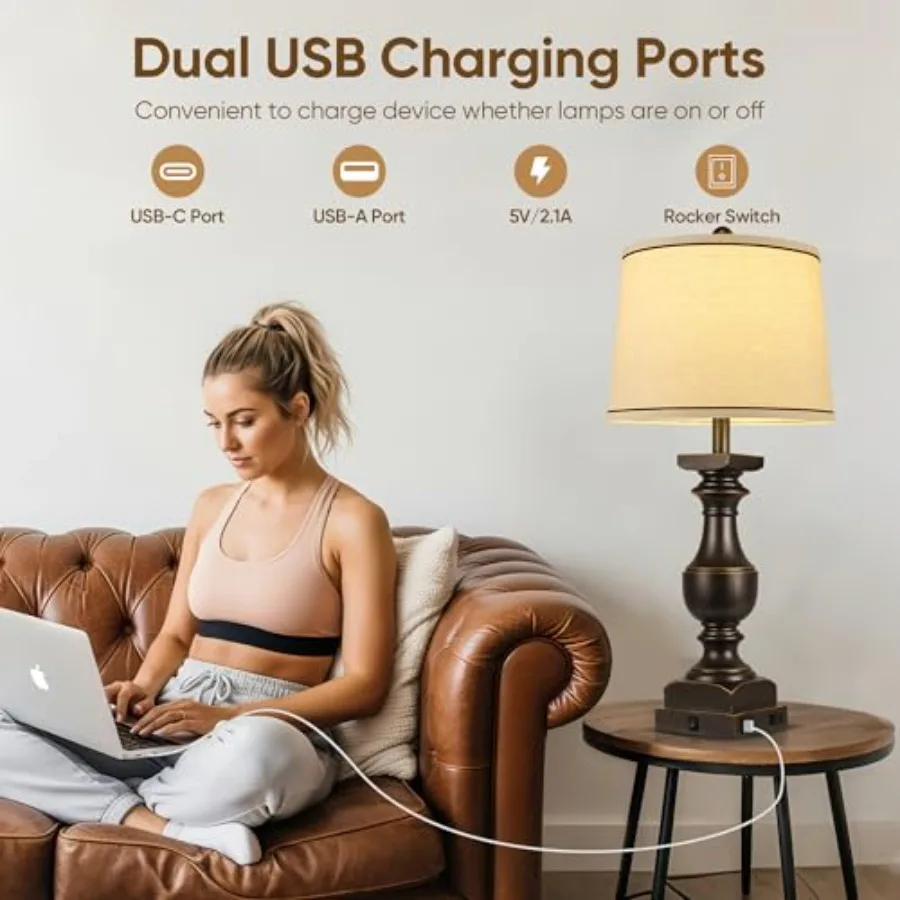 8'' Farmhouse Bedside Lamps Set of, Black Gold Table Lamps for Nightstand, Desk Lamps with Linen Shades, Table Lamps with USB A