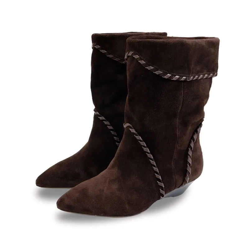 High Quality Cow Suede Wedges Mid-Calf Boots Pointed Toe Pull-on Middle Heel Western Boots Worn In Two Ways Women's Shoes