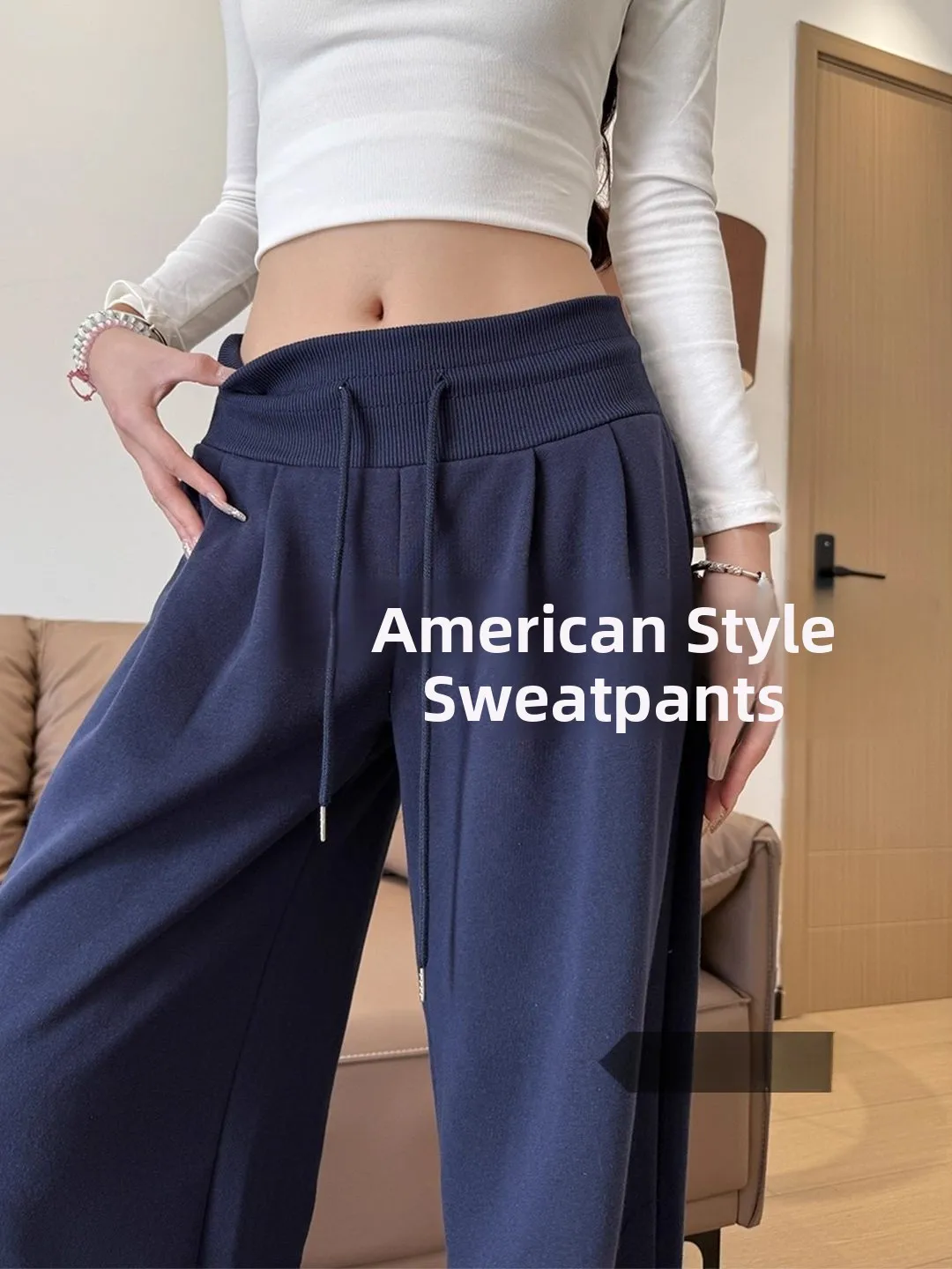 Lockere Sporthose mit weitem Bein, niedrige Taille, gerader Schnitt, Lazy Sle Damenhose, Blau, Neuankömmling, Winter, Faion, Freizeitkleidung