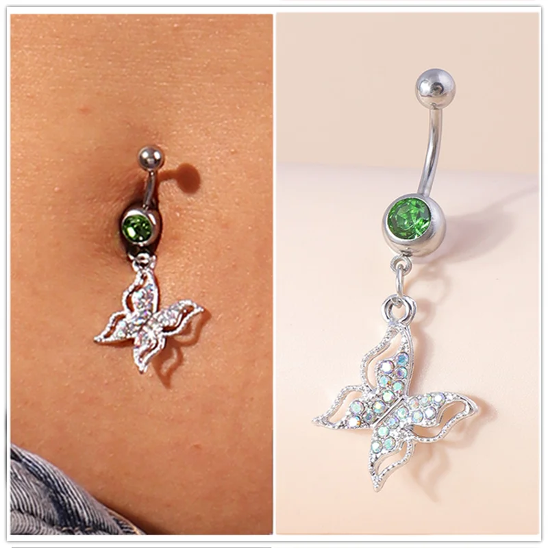 Aihua Kristall-Schmetterling-Nabelring für Damen, Piercing, Ombligo, Bauchnabelring aus Chirurgenstahl, sexy Körperschmuck – Detail 1