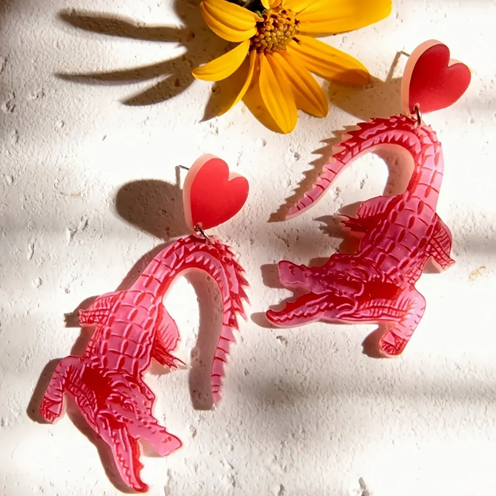 Vivid Adorable Heart Acrylic Crocodile Dangle Earrings for Women Creative Animal Drop Earring Statement