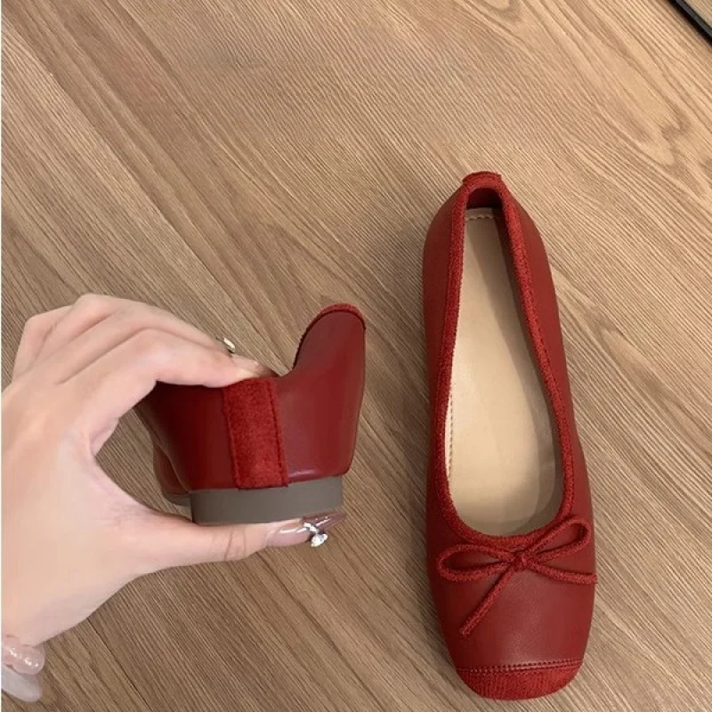

Sheepskin Version~Genuine Leather French Style Petite Height-Increasing Ballet Flats for Women Retro Bow Slip-On Flats