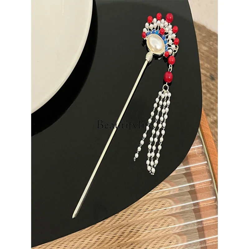 Tassel Red Plate Hairpin Pearl Headdress for Han Chinese Clothing Hair Clasp Elegant Chinese Style Hairpin