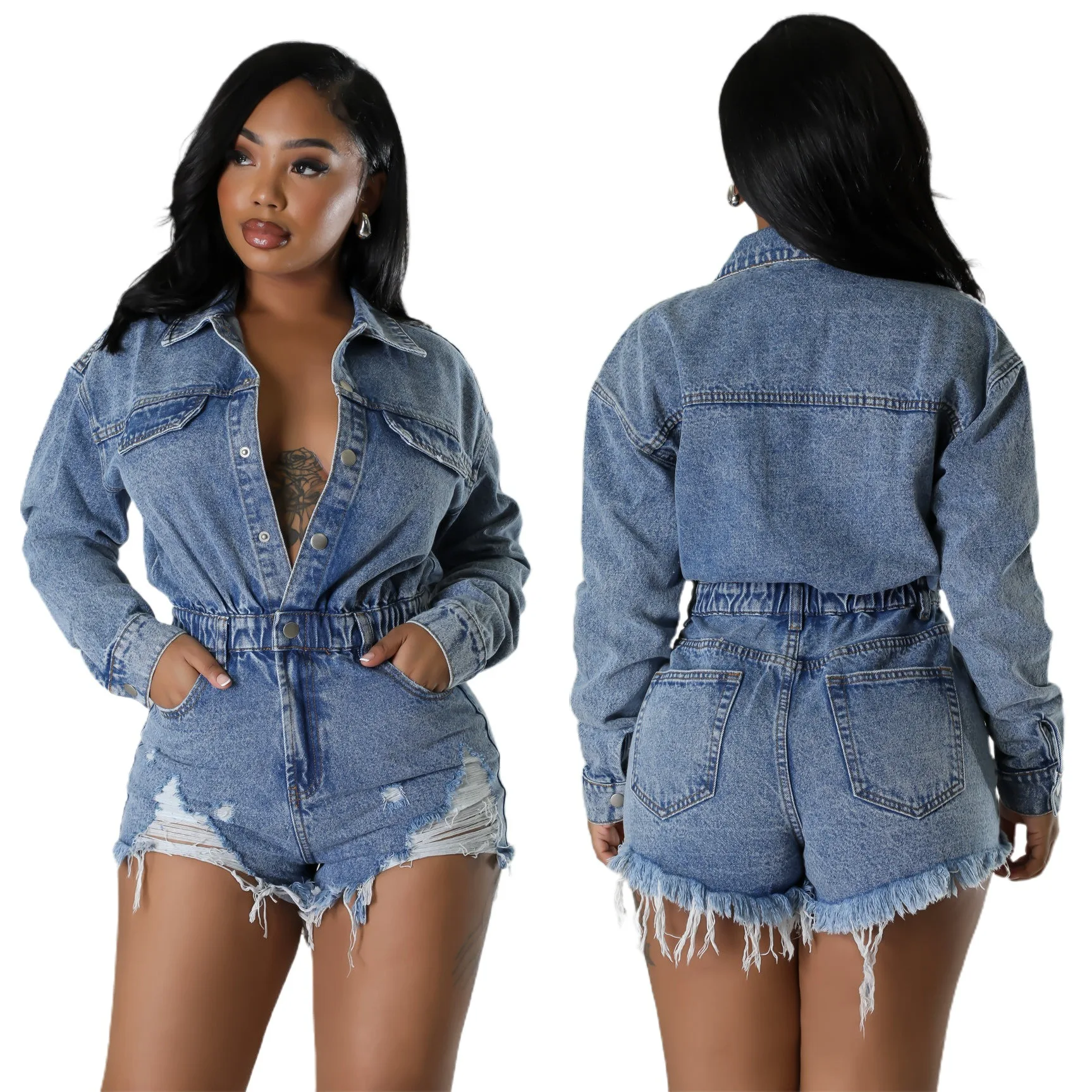 

High elasticity hole tassel loose washed denim jumpsuit