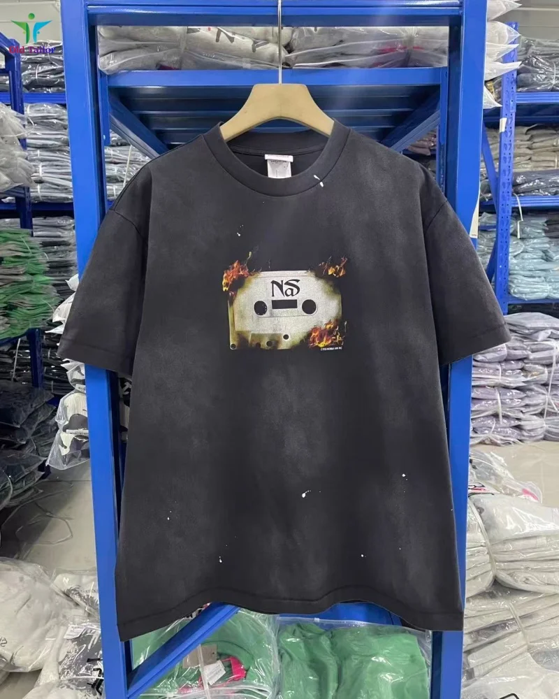 

SAINT 26AW New Burning Tape Recorder Summer Washed T-Shirt Retro Men's & Women's Relaxed Fit Casual Short-Sleeved T-Shirt Tops