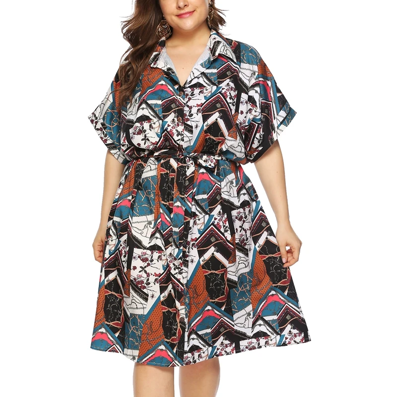

Women's retro plus-size cardigan dress, loose short-sleeved summer fashion belt lapel dress,