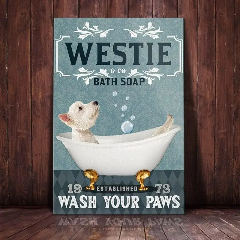 Metallschilder „Westie Dog Bath Soap Company Wash Your Paws“ – Retro-Aluminiumschilder für Zuhause, Café, Küche