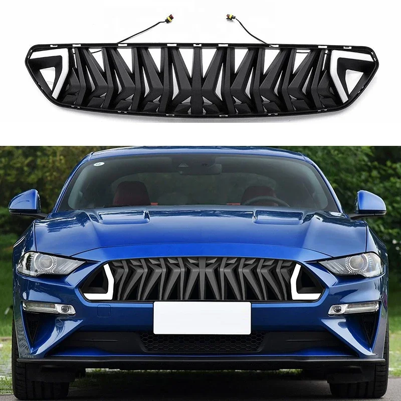 Modified For Ford Mustang 2015-2020 Front Bumper Grille Racing Grills With DRL White/Red/Green Upper Mesh Cover