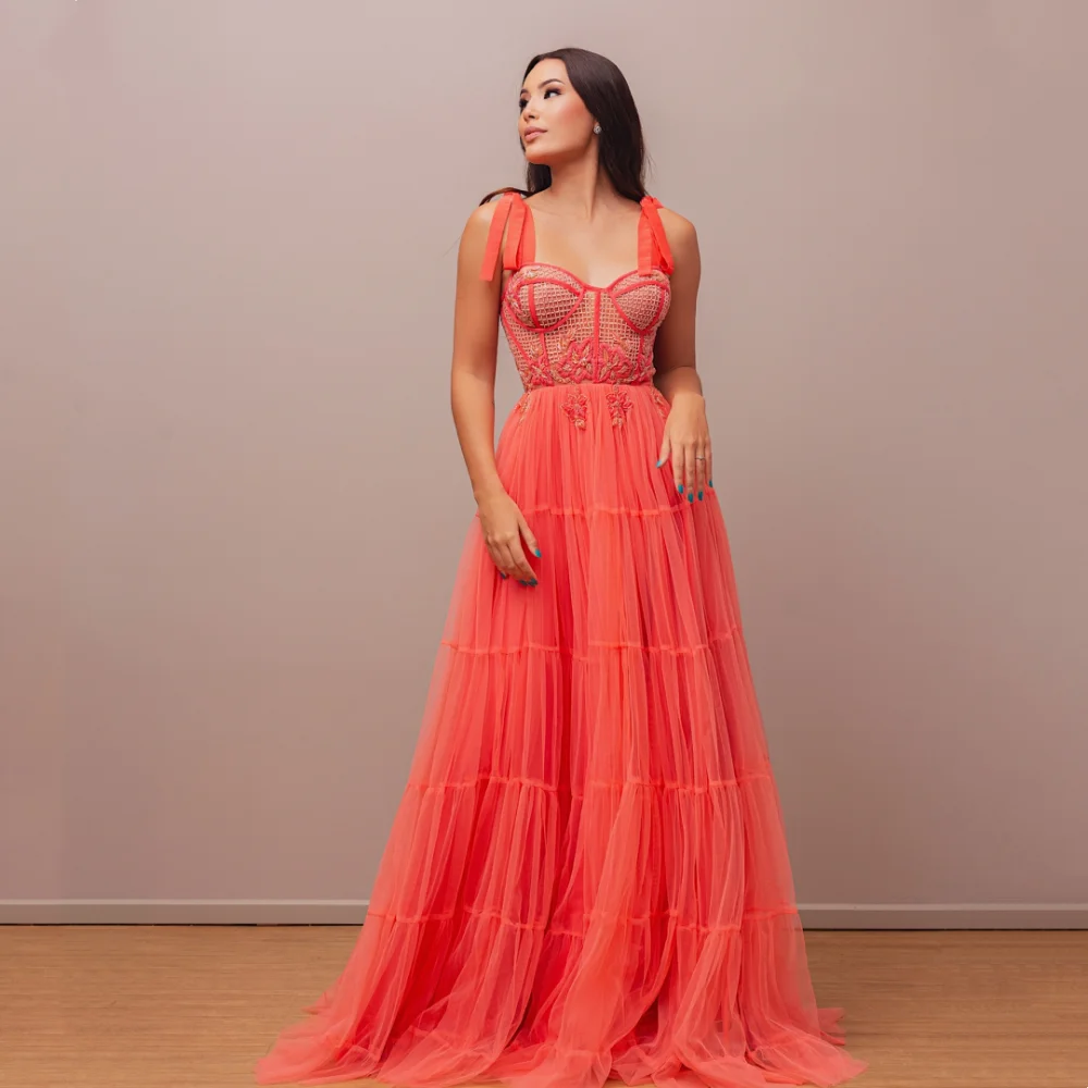 Annie Orange Suspenders فساتين السهرة 2023 Embroidery Ball Gown Evening Gown Luxury And Ground Length Vestidos De Noche