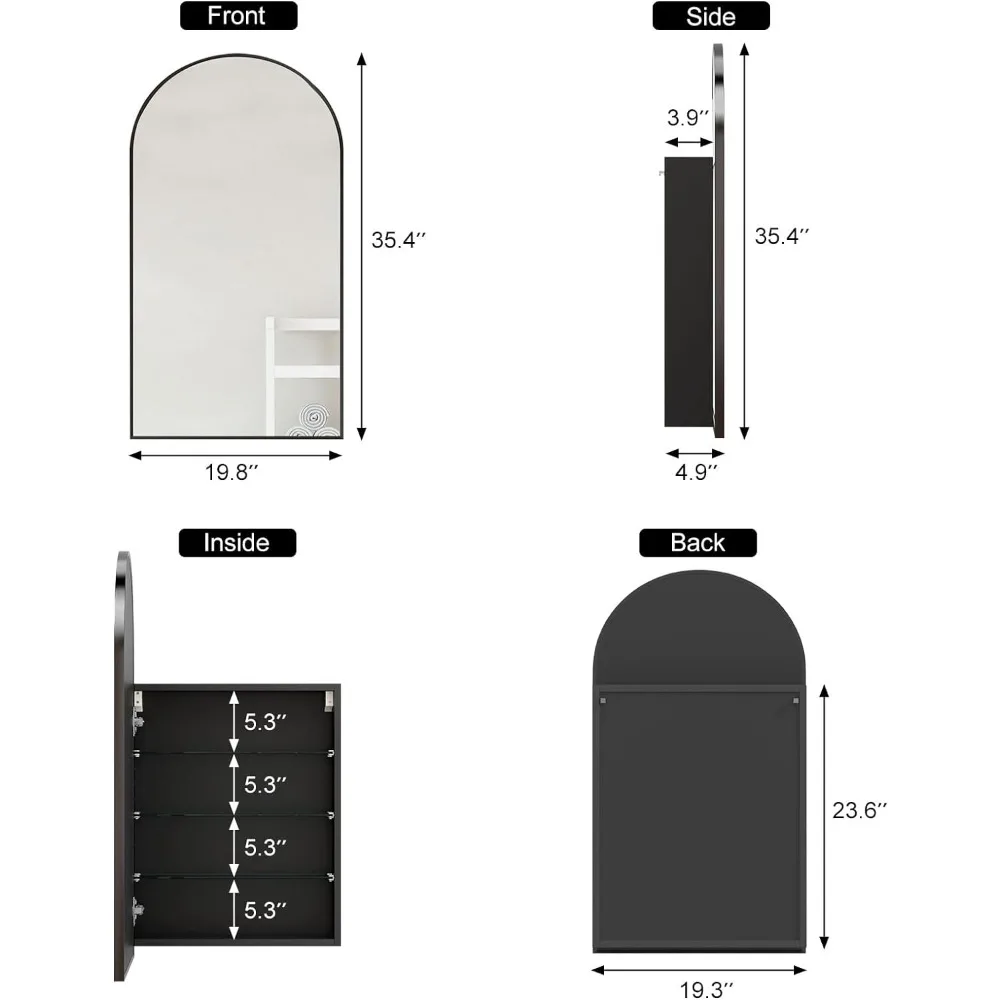 Armoires à médicaments arquées noires avec miroir, semi-armoire à médicaments, cadre en métal brossé, interface noire