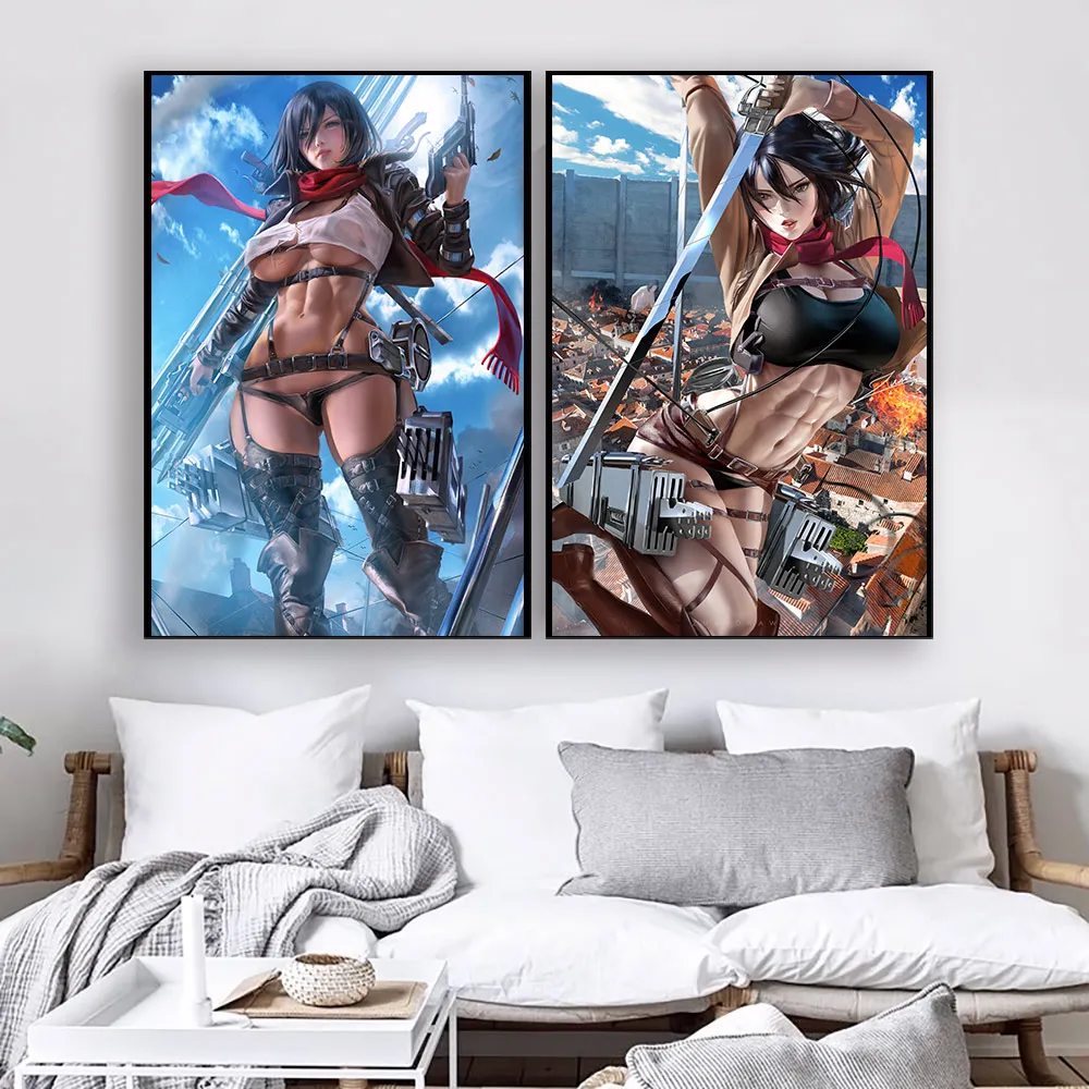 Póster de lienzo de dibujos animados sexy de anime japonés hottie Mikasa, pintura de decoración, arte de pared de chica desnuda sin censurar, pintura de pared de culo grande