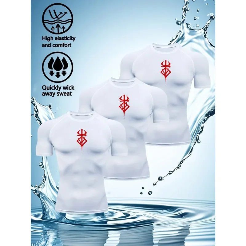 3PCS Men's Red Symbol Print Compression Shirts Quick Dry Short Sleeve Workout T-shirts Elastic Breathable Fitness Tops