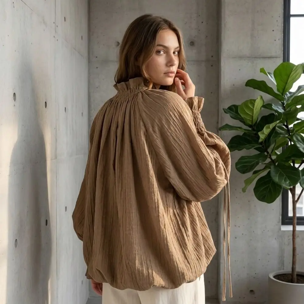 Lace-up Chic Ruffle Blouse V-Neck Tie Front Batwing Long Sleeve Blouse Bohemian Style Drawstring Women Shirt Top Autumn