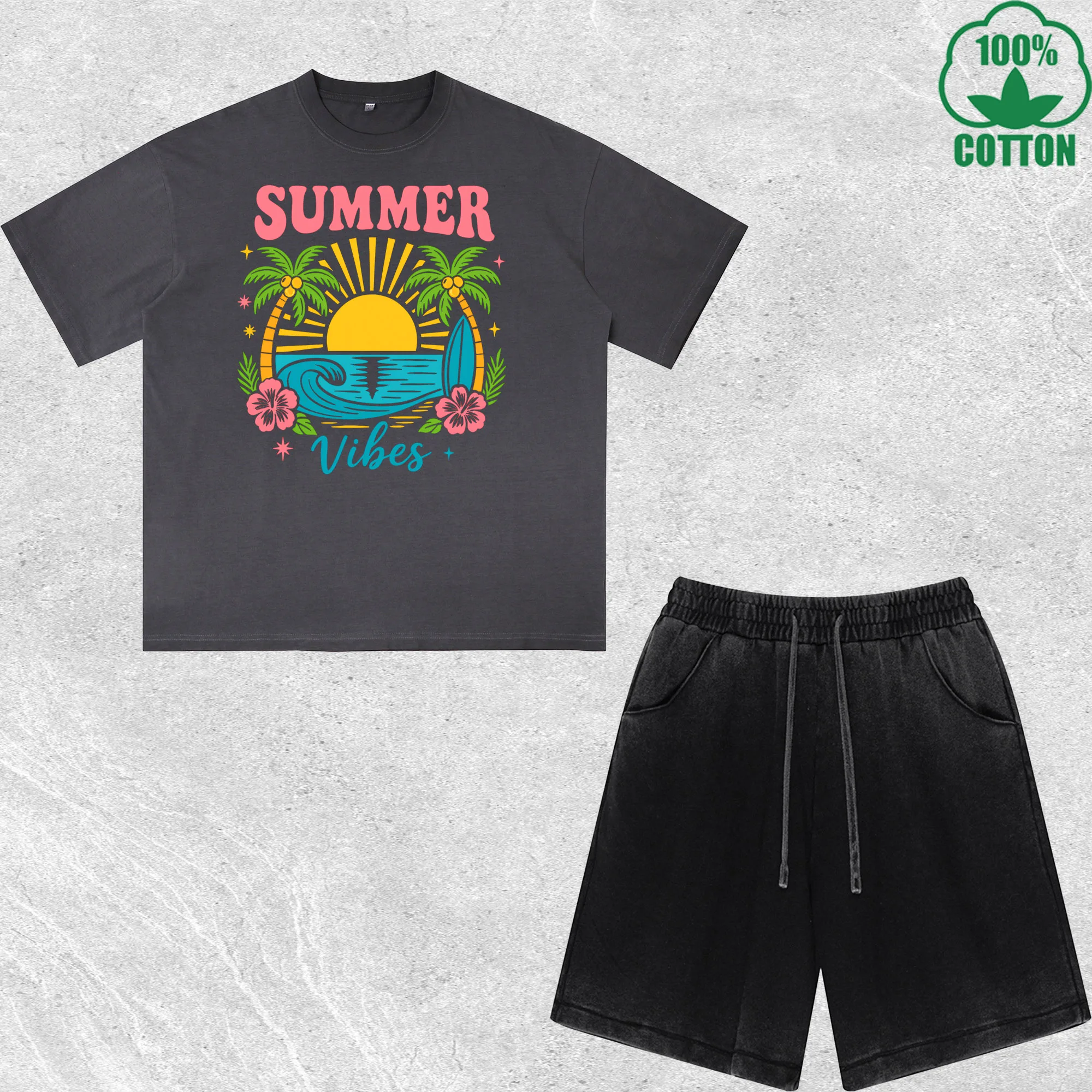 

Summer Vibes Beach Flowers Printed Dirty Wash T-Shirt Shorts Set Multicolor Combo Loose Trendy Fashionable 100%Cotton