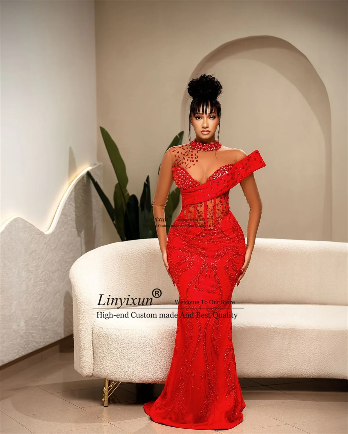 Luxury Beaded African Mermaid Prom Dress Appliques Lace Asoebi Red Formal Evening Gown Black Women Party vestidos de gala