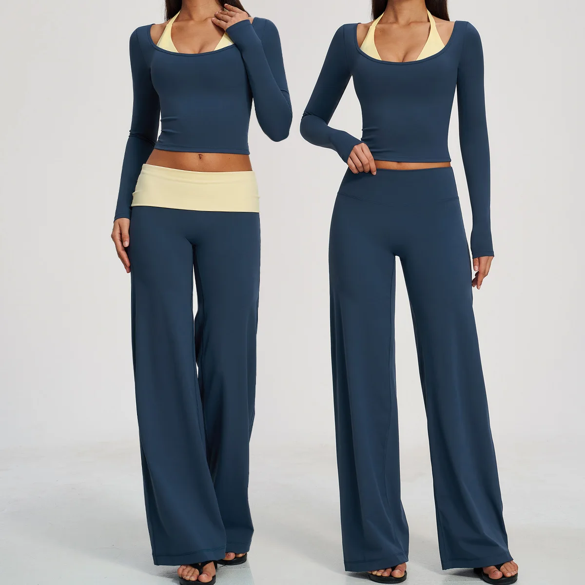Yoga Set 2Pcs Women Push Up Pilates Sports Long Sleeved Fitness Running Workout Gym T-shirt Top Wide Leg Straight Leg Pants