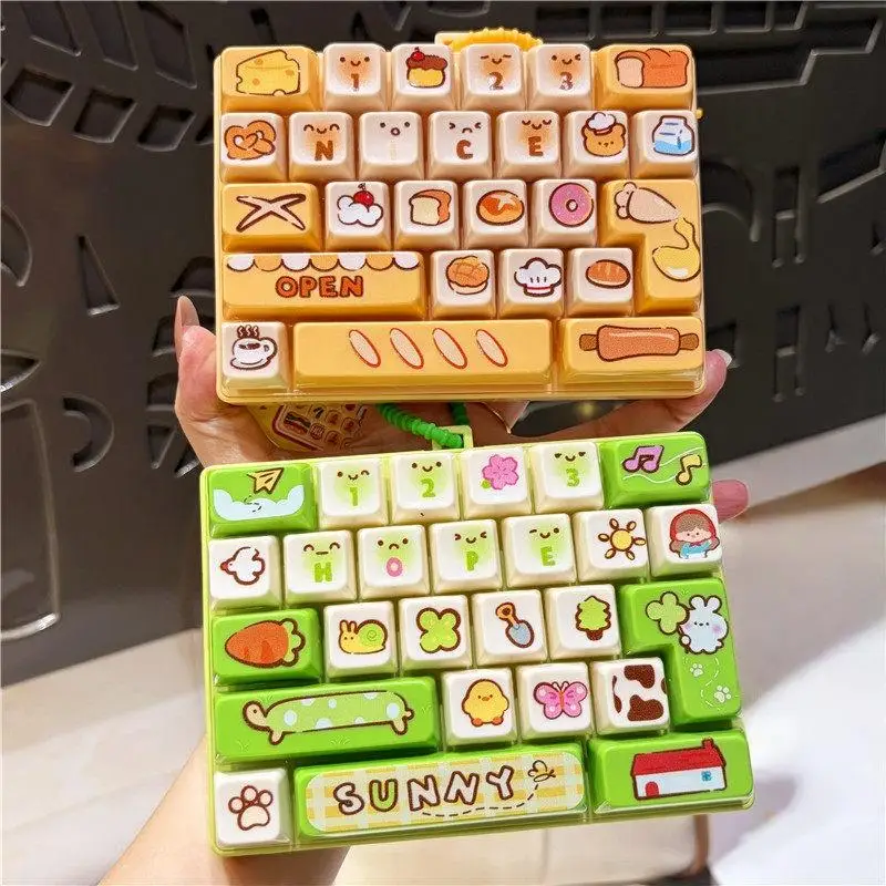 Stress Relief Food Themed Keyboard Keychain 26 Keys Decompression Buttons Toy Model Pendants Bag Ornaments