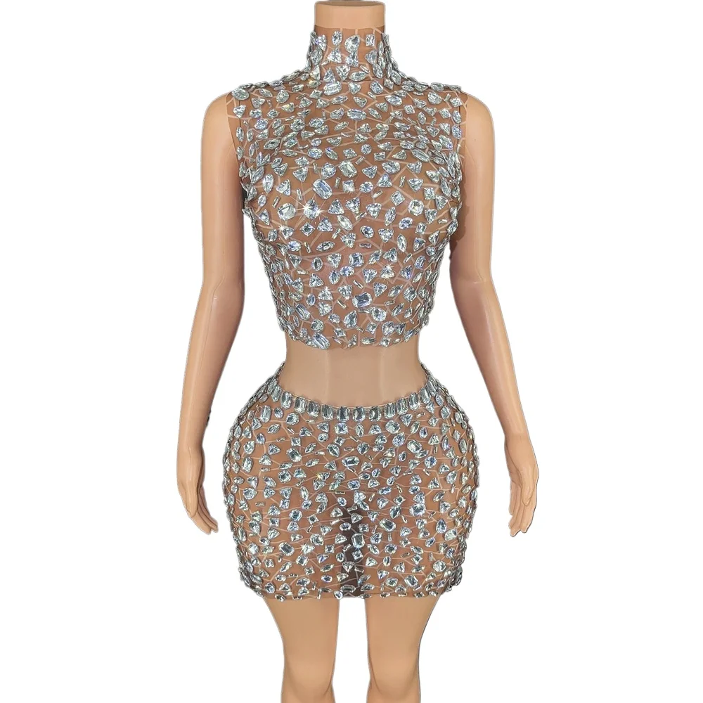 

Sparkly Crystals Top Short Skirt Two Pieces Set Women Sexy Transparent Celebrate Evening Prom Birthday Dress Photo Shoot Wear