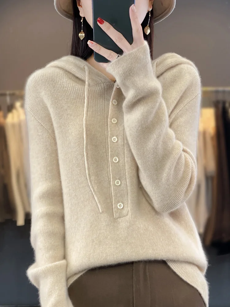 Fashion Spring Autumn Women Sweater Hoodie Long Sleeve Pullover 100% Merino Wool Soft Comfort Knitted Jumper Female Clothing