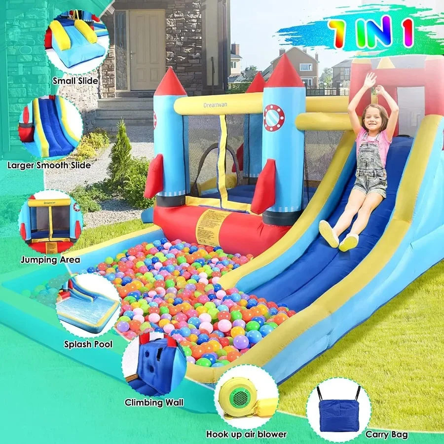 Springkasteel, opblaasbaar springkasteel met ventilator voor kinderen van 3-10, waterpark voor buiten/binnen (146" x 132" x 81")