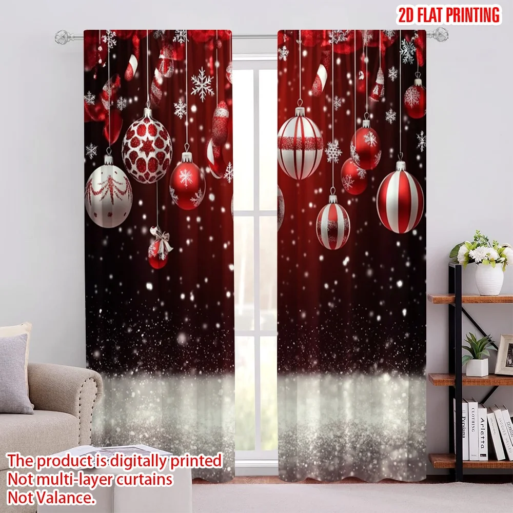 

2pcs 2D flat printing Merry Christmas Scene Curtains Red and white snowflakes with decorations Polyester Without Electricity