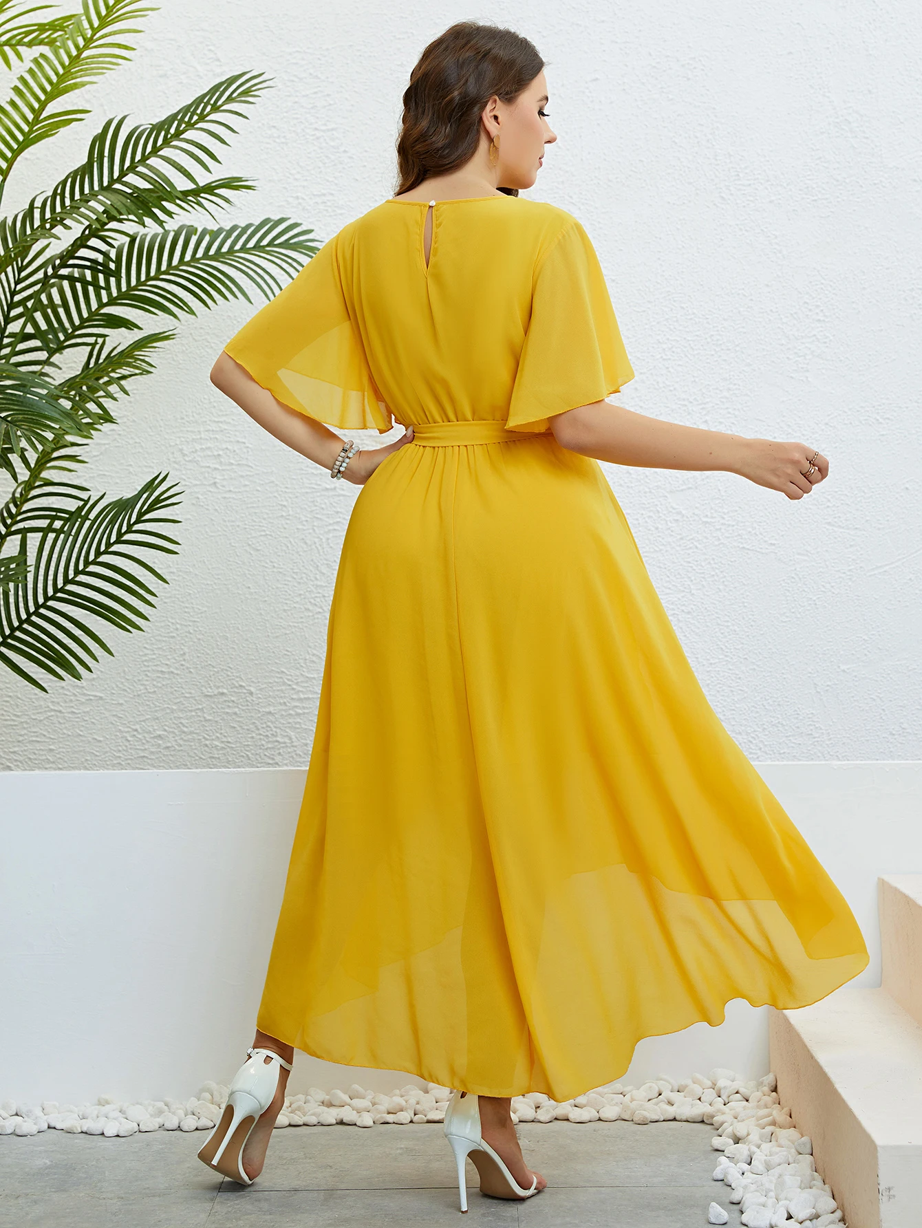 2024 Chiffon Party Dresses For Women Plus Size Summer Solid Color Casual Boho Beach Dress Ruffle Short Sleeve Belted Wrap Dress