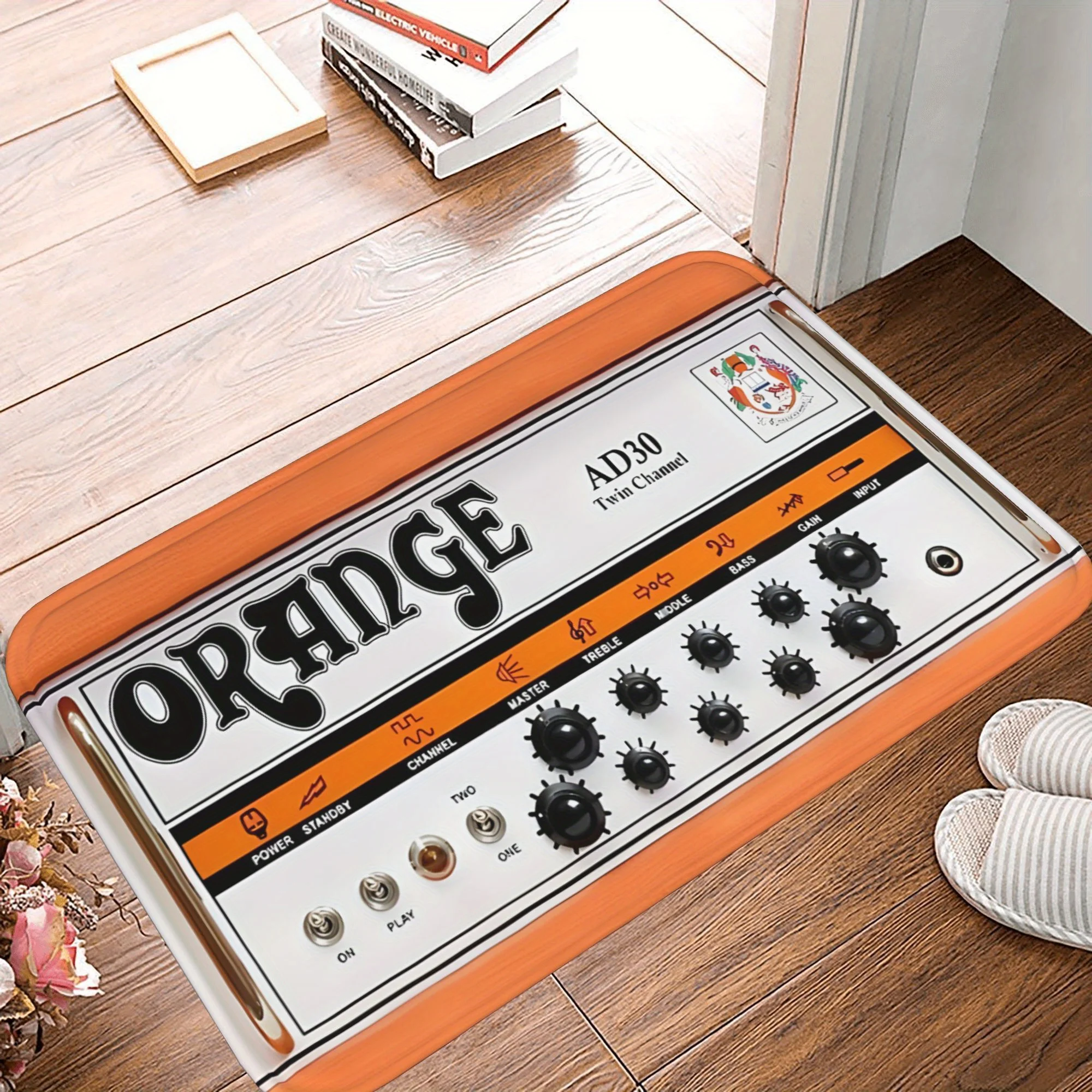 1pc Flannel Doormat, Outdoor Indoor Door Mat Souvenir and Holiday Gift, 1pc Orange Guitar Amp Design Mat - Vibrant Music Theme