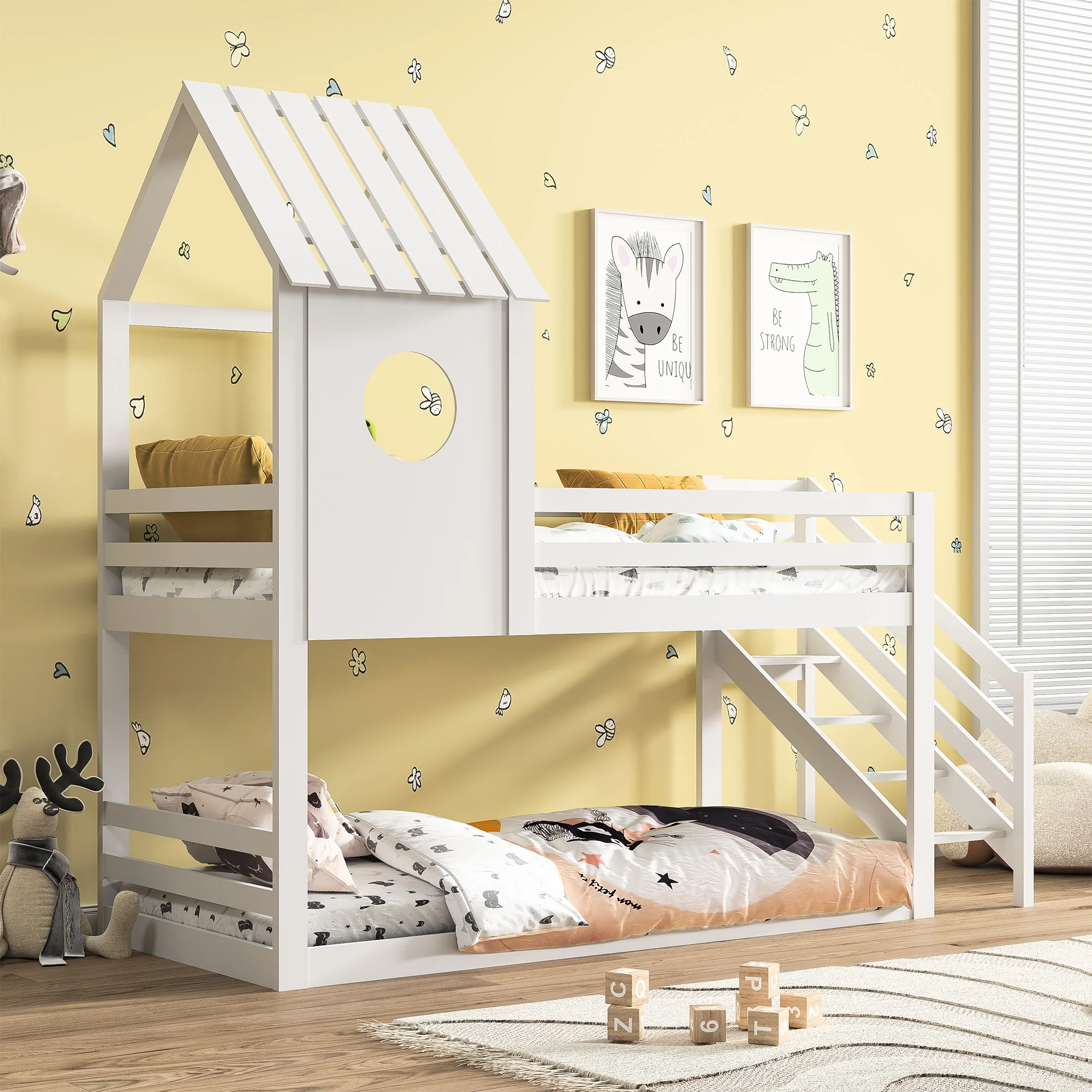 Bunk bed, bed with corner stairs, house bed, children's bed with fall protection, with window, frame made of pine - 200x90cm