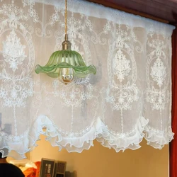 Transparente kurze Vorhänge aus weißem Tüll für die Küche, romantisch, bestickt, Bauernhaus-Schlafzimmer, unten, Perlenspitze, Fenstervorhänge, Volant, 1 Stück