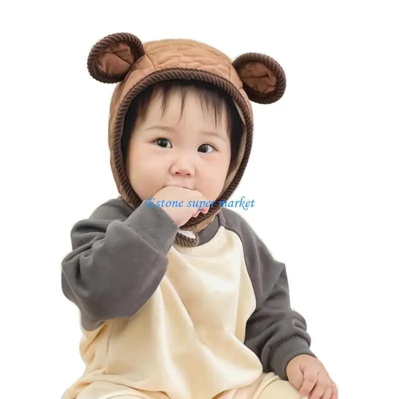 090B قبعة صغيرة دافئة لطيف الدب آذان مبطن بونيه قبعات الطيار الناعمة للبنين والبنات #3