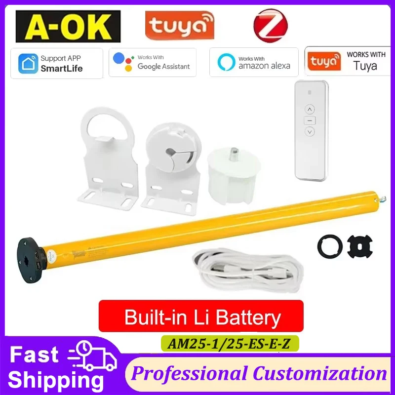 

A-OK AM25 Smart Motor for Roller Shutters Zigbee Tuya Compatible with Li Battery RF433 Alexa Google Home 38mm Curtain Tube