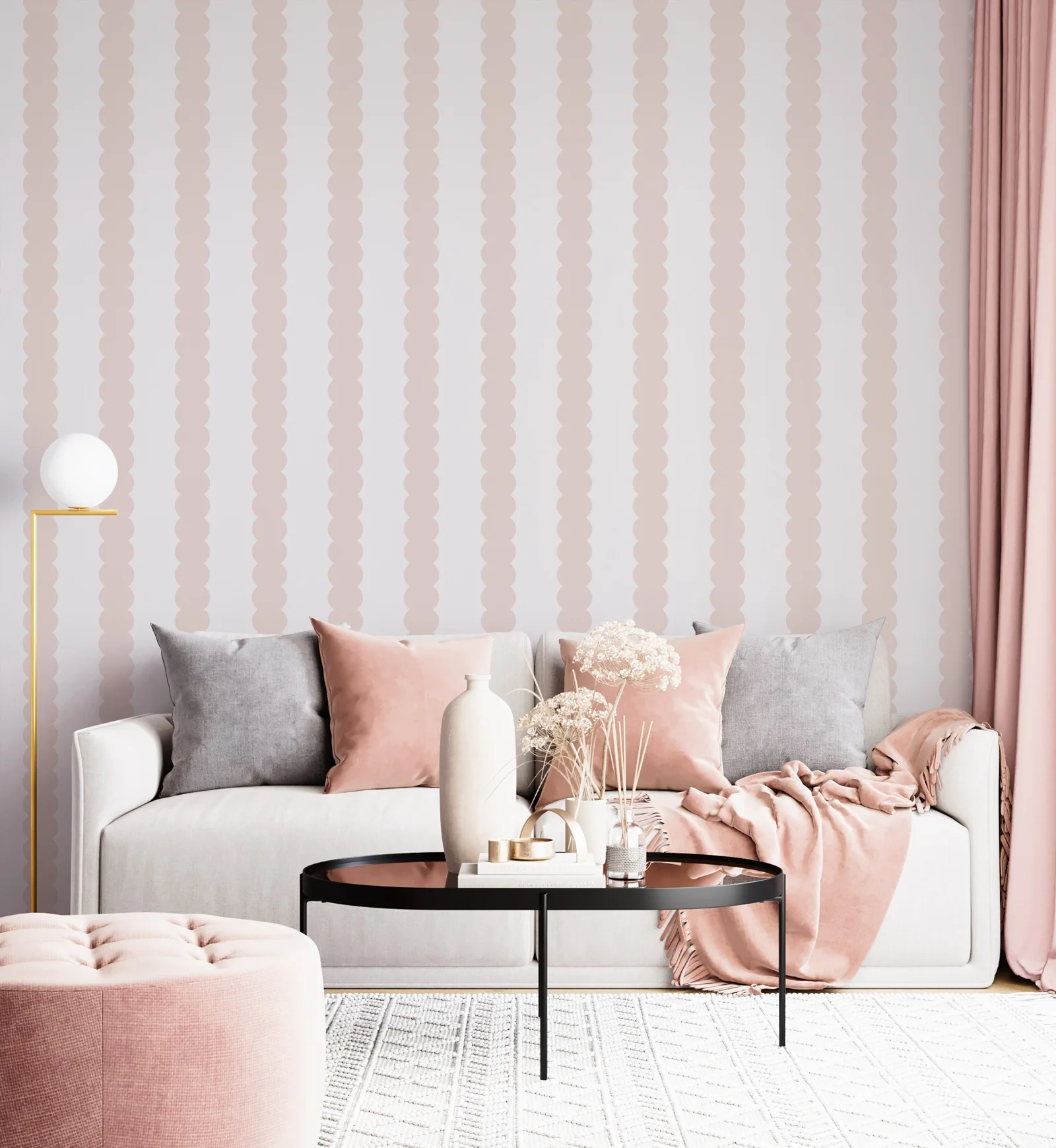 Pink Bubble Stripe Peel & Stick Wallpaper, Abstract Dusty Pink and White Modern Wall Mural For Kids Room,Self-adhesive/Tradition