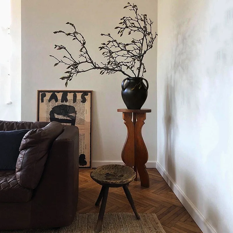 Art Vase Display Table Light Luxury Retro Furniture Living Room Storage Rack Decorative Photographic Sculpture Wood Round Table