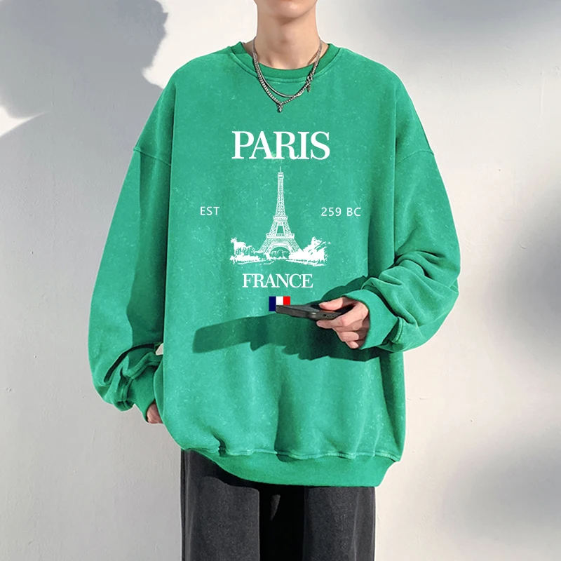 Fashion Men Washed Sweatshirt Paris France Eiffel Tower Printing Pullover Oversized Warm Cotton Hoodie Street Couple Clothes