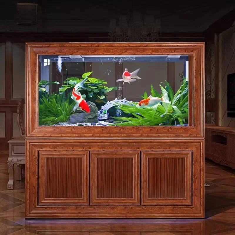 

09Chinese style medium and large screen partition floor silent water-free integrated glass aquarium