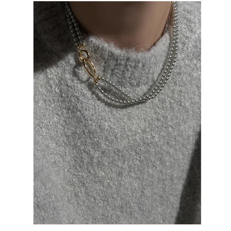

Metal Ring Buckle Double-Layer Glass Pearl Necklace Sweater Chain Women's Light Luxury Beaded Twin Clavicle Chain